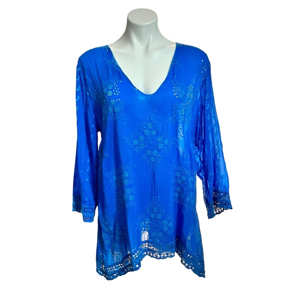 Johnny Was Cupra Rayon Embroidered Tunic Top Size Large Blue